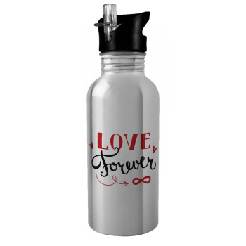 Love forever ∞, Παγούρι νερού Ασημένιο με καλαμάκι, ανοξείδωτο ατσάλι 600ml