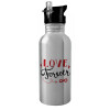 Water bottle Silver with straw, stainless steel 600ml