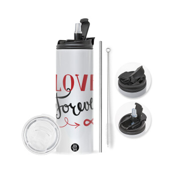 Love forever ∞, Travel Tumbler θερμό με διπλό καπάκι, μεταλλικό καλαμάκι και βούρτσα καθαρισμού (Ανωξείδωτο 304 Food grade, BPA free, 600ml)