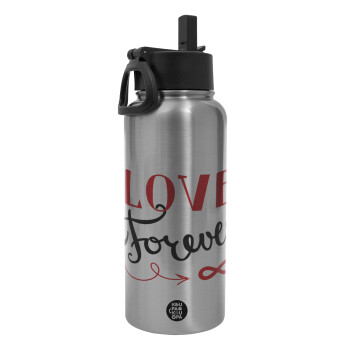 Love forever ∞, Metal mug thermo Silver with Straw and Spout Lid (Stainless steel), double wall, 950ml