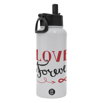 Love forever ∞, Metal mug thermo White with Straw and Spout Lid (Stainless steel), double wall, 950ml