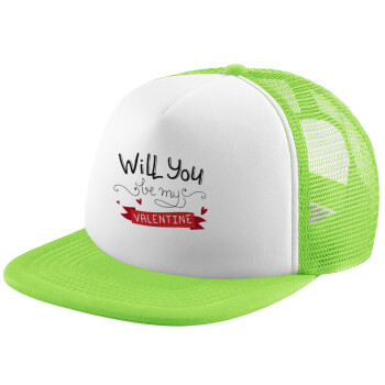 Will you be my Valentine???, Child's Soft Trucker Hat with Green/White Mesh (POLYESTER, CHILDREN'S, ONE SIZE)