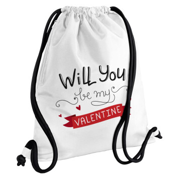 Will you be my Valentine???, Backpack pouch GYMBAG white, with pocket (40x48cm) & thick cords