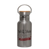 Stainless steel metallic thermos flask, silver with a bamboo lid, double-walled, 350ml.