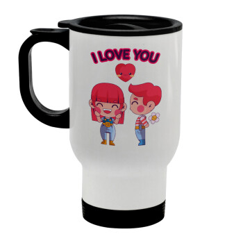 Couple, I love you, Stainless steel travel mug with lid, double wall white 450ml