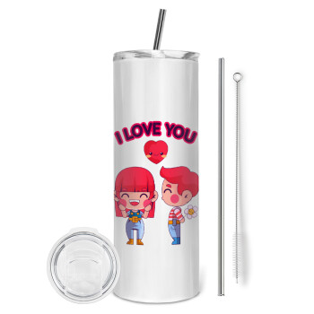 Couple, I love you, Tumbler ποτήρι θερμό από ανοξείδωτο ατσάλι 600ml, με μεταλλικό καλαμάκι & βούρτσα καθαρισμού