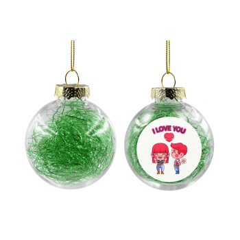 Couple, I love you, Χριστουγεννιάτικη μπάλα δένδρου διάφανη με πράσινο γέμισμα 8cm