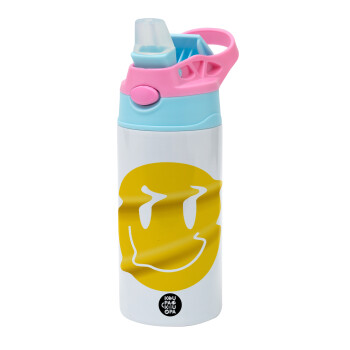 Smile avatar distrorted, Children's hot water bottle, stainless steel, with safety straw, Pink/BlueCiel (360ml) BPA FREE