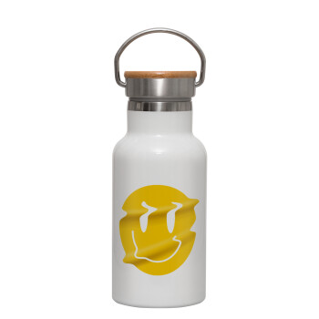 Smile avatar distrorted, Metallic thermos (Stainless steel) White with wooden lid (bamboo), double-walled, 350ml