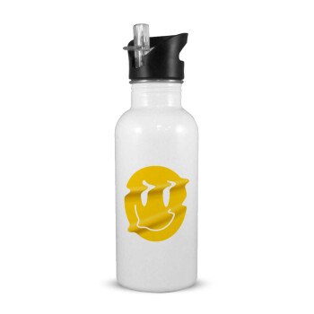 Smile avatar distrorted, White water bottle with straw, stainless steel 600ml