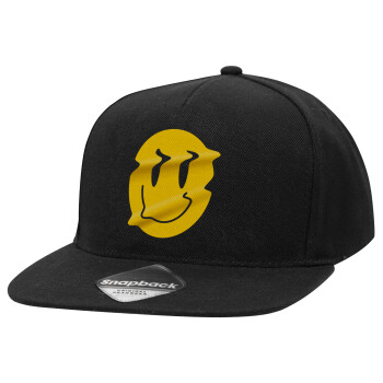 Smile avatar distrorted, Adult Flat Snapback Hat Black, (100% COTTON TWILL, ADULT, UNISEX, ONE SIZE)