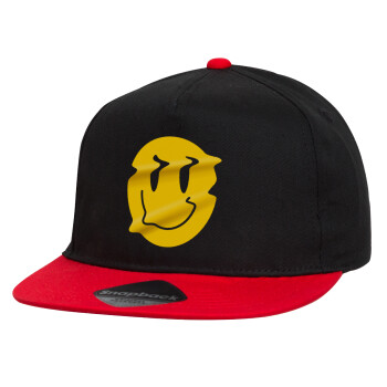 Smile avatar distrorted, Καπέλο παιδικό Flat Snapback, Μαύρο/Κόκκινο (100% ΒΑΜΒΑΚΕΡΟ, ΠΑΙΔΙΚΟ, UNISEX, ONE SIZE)