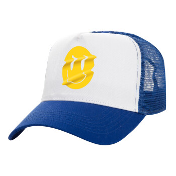 Smile avatar distrorted, Adult Structured Trucker Hat, with Mesh, WHITE/BLUE (100% COTTON, ADULT, UNISEX, ONE SIZE)