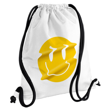 Smile avatar distrorted, Τσάντα πλάτης πουγκί GYMBAG λευκή, με τσέπη (40x48cm) & χονδρά κορδόνια