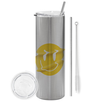 Smile avatar distrorted, Eco friendly stainless steel Silver tumbler 600ml, with metal straw & cleaning brush