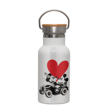 Mickey & Minnie love car, Μεταλλικό παγούρι θερμός (Stainless steel) Λευκό με ξύλινο καπακι (bamboo), διπλού τοιχώματος, 350ml