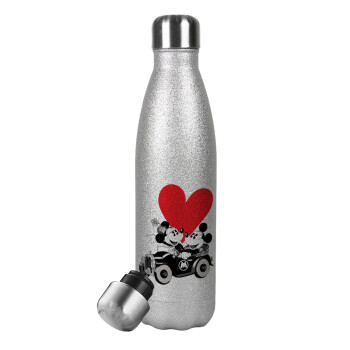 Mickey & Minnie love car, Μεταλλικό παγούρι θερμός Glitter Aσημένιο (Stainless steel), διπλού τοιχώματος, 500ml