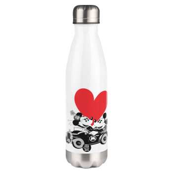 Mickey & Minnie love car, Metal mug thermos White (Stainless steel), double wall, 500ml