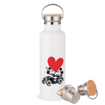 Mickey & Minnie love car, Μεταλλικό παγούρι θερμός (Stainless steel) Λευκό με ξύλινο καπακι (bamboo), διπλού τοιχώματος, 750ml