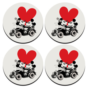 Mickey & Minnie love car, SET of 4 round wooden coasters (9cm)
