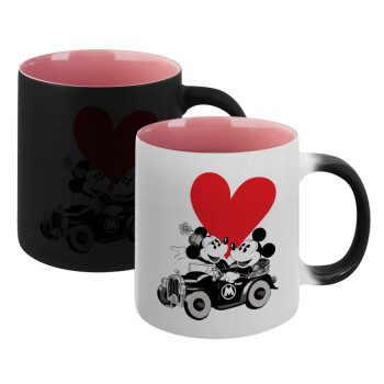 Mickey & Minnie love car, Κούπα Μαγική εσωτερικό ΡΟΖ, κεραμική 330ml που αλλάζει χρώμα με το ζεστό ρόφημα