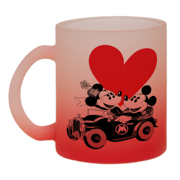 Mickey & Minnie love car, Κούπα γυάλινη δίχρωμη με βάση το κόκκινο ματ, 330ml