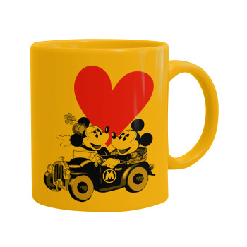 Mickey & Minnie love car, Κούπα, κεραμική κίτρινη, 330ml (1 τεμάχιο)