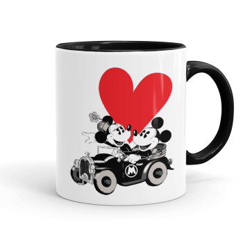 Mickey & Minnie love car, Κούπα χρωματιστή μαύρη, κεραμική, 330ml