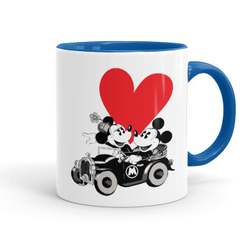 Mickey & Minnie love car, Κούπα χρωματιστή μπλε, κεραμική, 330ml