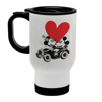 Mickey & Minnie love car, Stainless steel travel mug with lid, double wall white 450ml