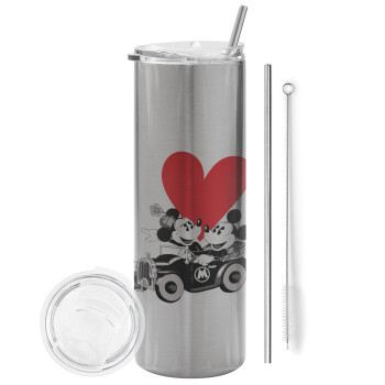 Mickey & Minnie love car, Eco friendly ποτήρι θερμό Ασημένιο (tumbler) από ανοξείδωτο ατσάλι 600ml, με μεταλλικό καλαμάκι & βούρτσα καθαρισμού