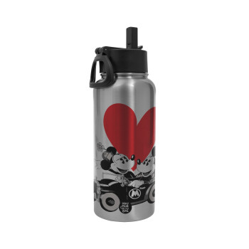 Mickey & Minnie love car, Metal mug thermo Silver with Straw and Spout Lid (Stainless steel), double wall, 950ml