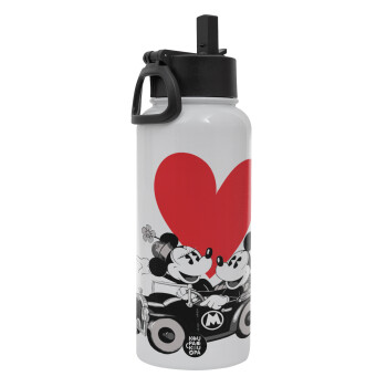 Mickey & Minnie love car, Μεταλλικό παγούρι θερμός Λευκό με καλαμάκι και χερούλι (Stainless steel), διπλού τοιχώματος, 950ml