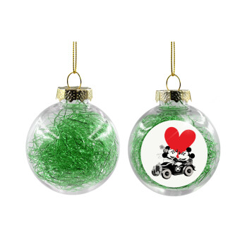 Mickey & Minnie love car, Χριστουγεννιάτικη μπάλα δένδρου διάφανη με πράσινο γέμισμα 8cm