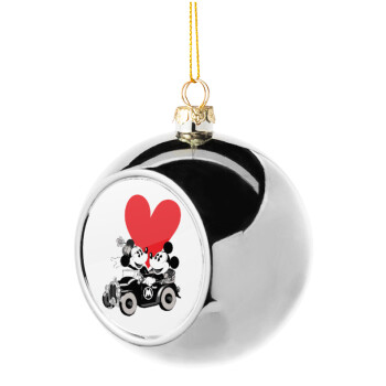 Mickey & Minnie love car, Χριστουγεννιάτικη μπάλα δένδρου Ασημένια 8cm