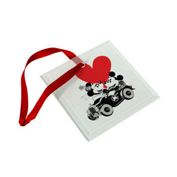 Mickey & Minnie love car, Χριστουγεννιάτικο στολίδι γυάλινο τετράγωνο 9x9cm