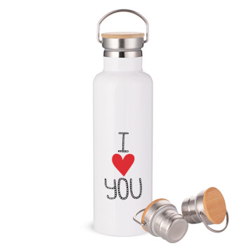 I Love You small dots, Stainless steel White with wooden lid (bamboo), double wall, 750ml