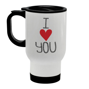 I Love You small dots, Stainless steel travel mug with lid, double wall white 450ml