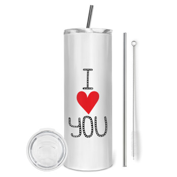 I Love You small dots, Eco friendly ποτήρι θερμό (tumbler) από ανοξείδωτο ατσάλι 600ml, με μεταλλικό καλαμάκι & βούρτσα καθαρισμού