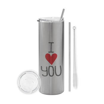 I Love You small dots, Tumbler ποτήρι θερμό Ασημένιο από ανοξείδωτο ατσάλι 600ml, με μεταλλικό καλαμάκι & βούρτσα καθαρισμού