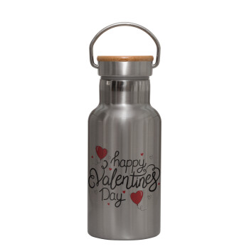 Happy Valentines Day!!!, Stainless steel metallic thermos flask, silver with a bamboo lid, double-walled, 350ml.