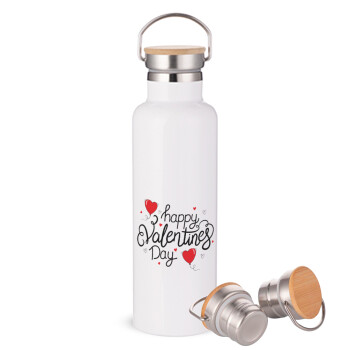Happy Valentines Day!!!, Stainless steel White with wooden lid (bamboo), double wall, 750ml