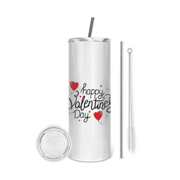 Happy Valentines Day!!!, Eco friendly ποτήρι θερμό (tumbler) από ανοξείδωτο ατσάλι 600ml, με μεταλλικό καλαμάκι & βούρτσα καθαρισμού