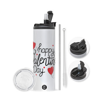 Happy Valentines Day!!!, Travel Tumbler θερμό με διπλό καπάκι, μεταλλικό καλαμάκι και βούρτσα καθαρισμού (Ανωξείδωτο 304 Food grade, BPA free, 600ml)