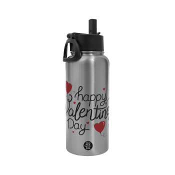 Happy Valentines Day!!!, Metal mug thermo Silver with Straw and Spout Lid (Stainless steel), double wall, 950ml