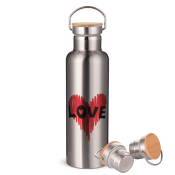 I Love You red heart, Μεταλλικό παγούρι θερμός (Stainless steel) Ασημένιο με ξύλινο καπακι (bamboo), διπλού τοιχώματος, 750ml