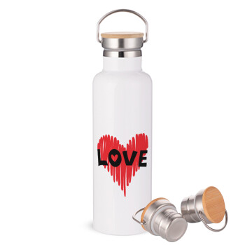 I Love You red heart, Stainless steel White with wooden lid (bamboo), double wall, 750ml