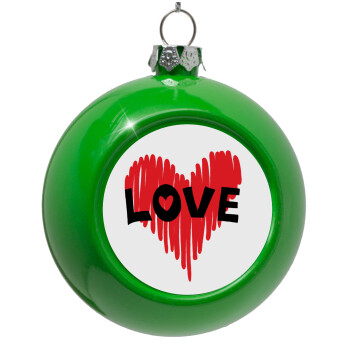 I Love You red heart, Green Christmas tree ornament bauble 8cm