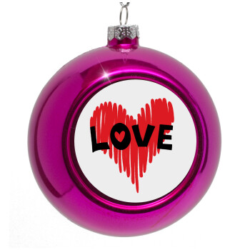 I Love You red heart, Purple Christmas tree ornament bauble 8cm