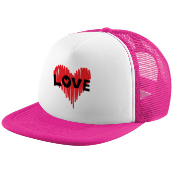 I Love You red heart, Child's Soft Trucker Hat with Pink/White Mesh (POLYESTER, CHILD, ONE SIZE)